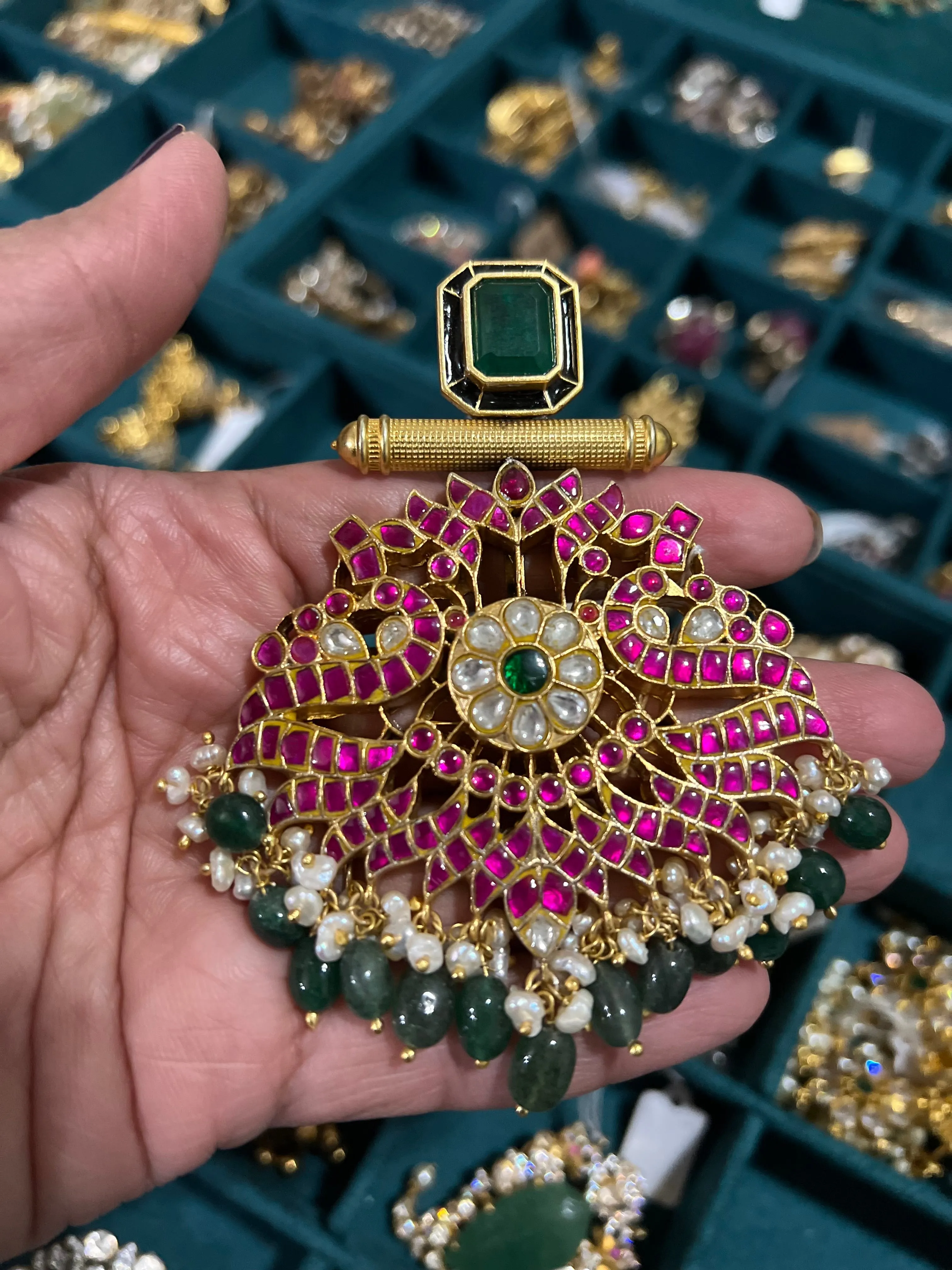 Pure 925 Silver Jadau Kundan Pendant