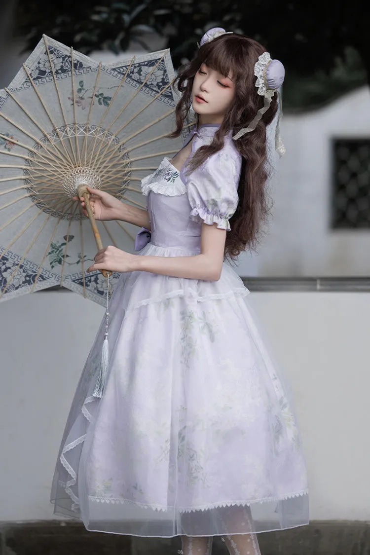 Purple Lilac Short Sleeves Hollow Embroidery Sweet Chinese Cheongsam Style Lolita Dress