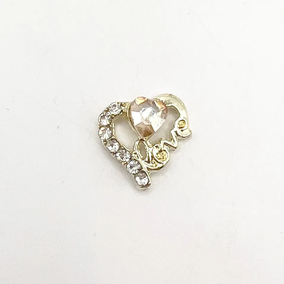 Queen - Nail Charms 10pc - #125 Gold Hearts with Clear and Orange Crystals