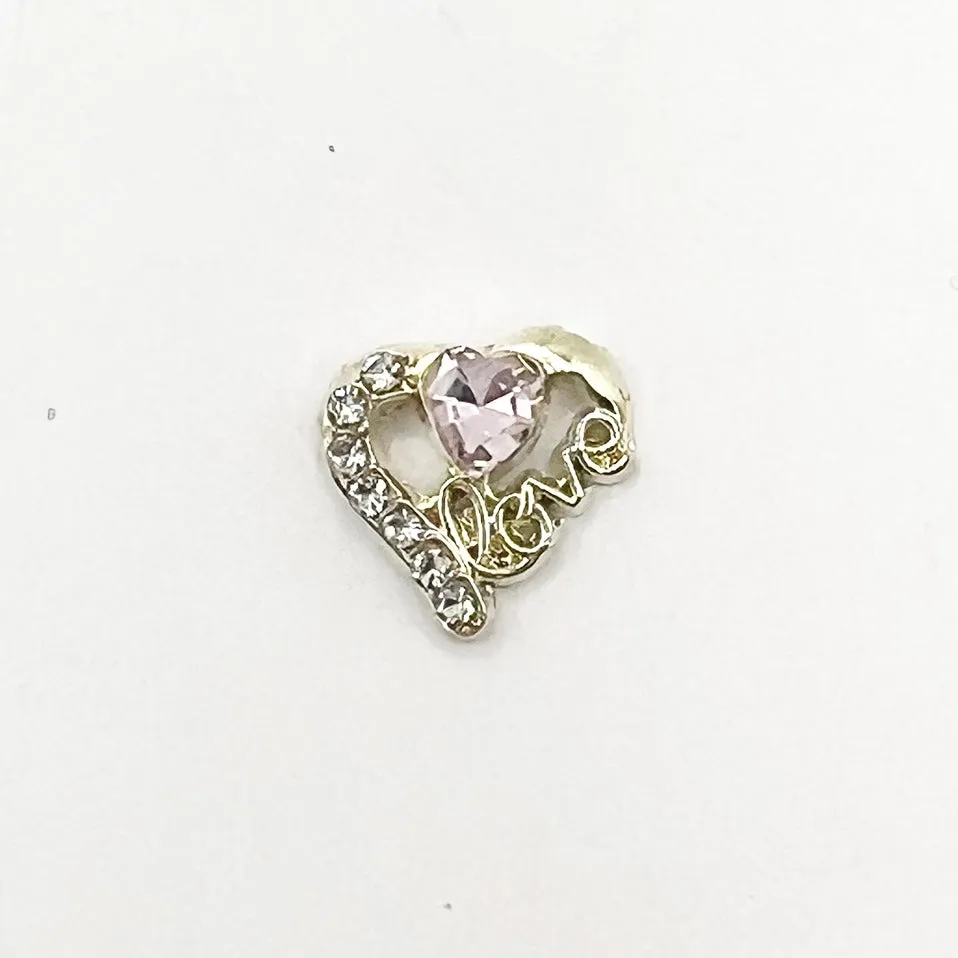 Queen - Nail Charms 10pc - #145 Gold Hearts with Clear and Pink Crystals