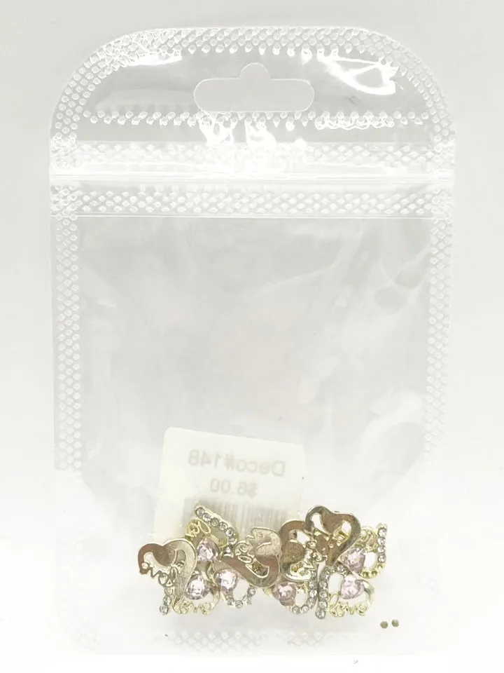 Queen - Nail Charms 10pc - #145 Gold Hearts with Clear and Pink Crystals