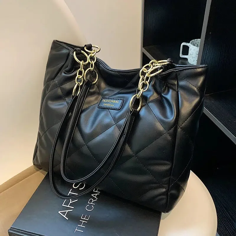 Quilted Chain Handles Leather Tote Bag