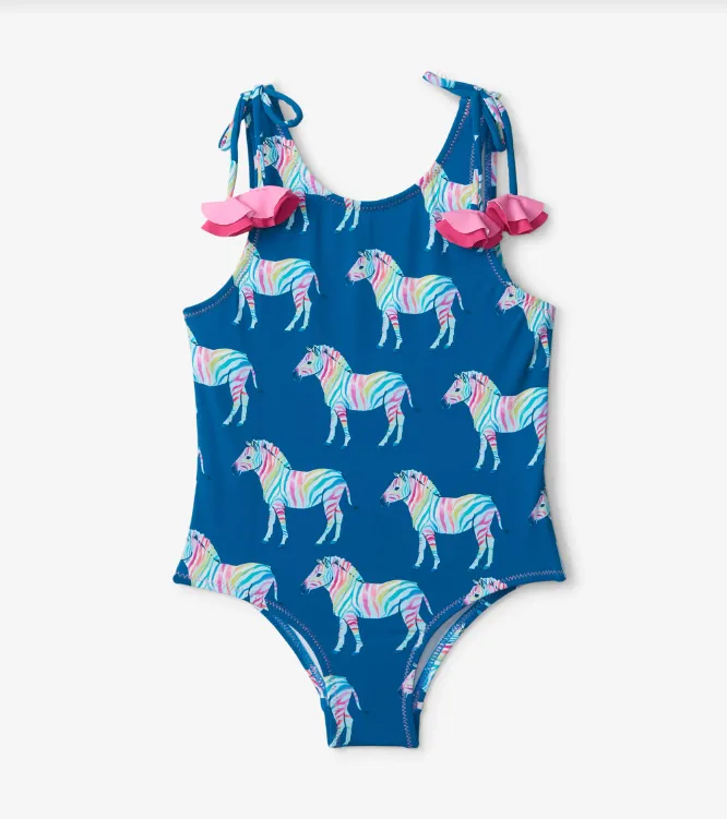 Rainbow Zebra  Shoulder Bow Swimsuit