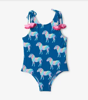 Rainbow Zebra  Shoulder Bow Swimsuit