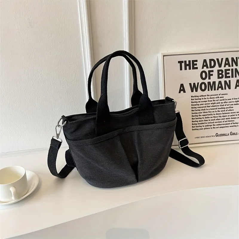 realaiot  Solid Color Canvas Handbag, Casual Minimalist Satchel Bag, Versatile Crossbody Bag