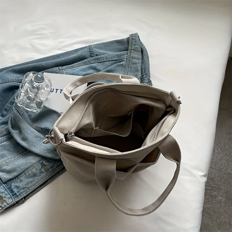 realaiot  Solid Color Canvas Handbag, Casual Minimalist Satchel Bag, Versatile Crossbody Bag