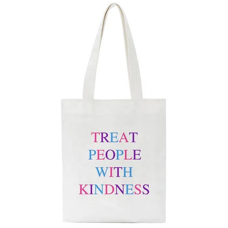 Realaiot Treat People with Kindness Letter Casual Harry Styles Fashion Canvas Big Capacity Harajuku Women New Fun Vintage Shoulder Bag