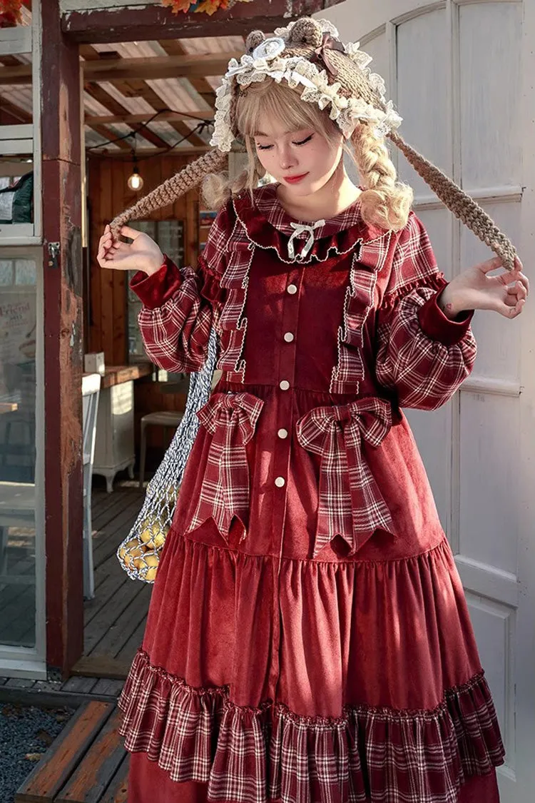 Red Velvet Plaid Print Bowknot Christmas Sweet Lolita Dress