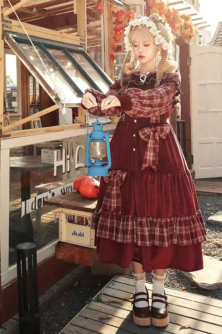Red Velvet Plaid Print Bowknot Christmas Sweet Lolita Dress