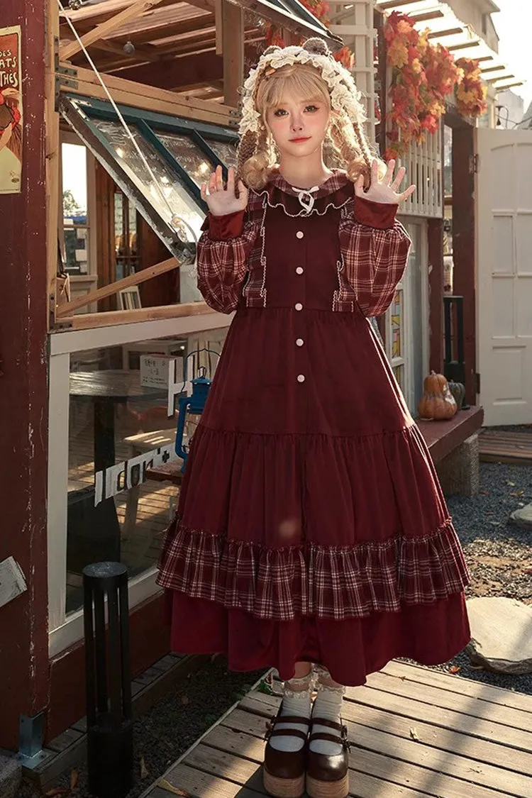 Red Velvet Plaid Print Bowknot Christmas Sweet Lolita Dress