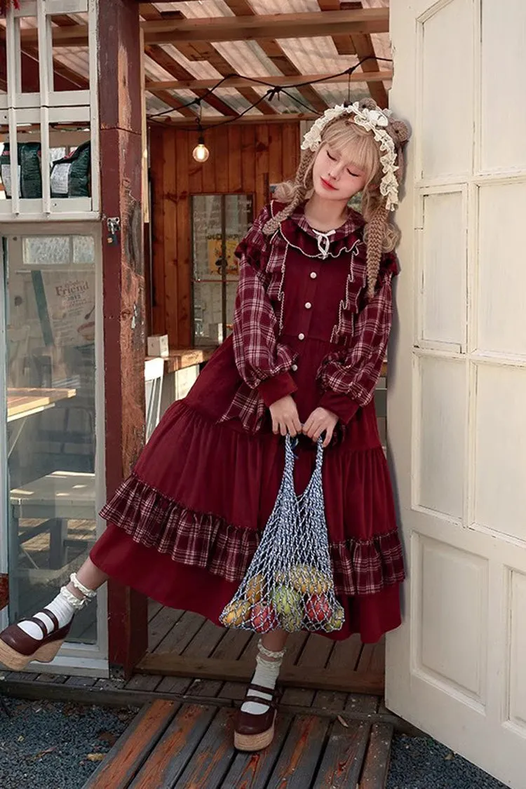 Red Velvet Plaid Print Bowknot Christmas Sweet Lolita Dress
