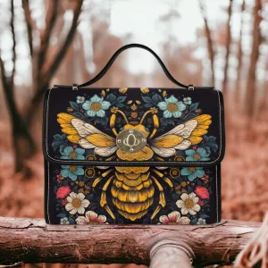 Retro Bee in the Forest Canvas Satchel bag, Cottagecore forestcore crossbody purse, cute vegan leather strap goth bag, hippies boho gift