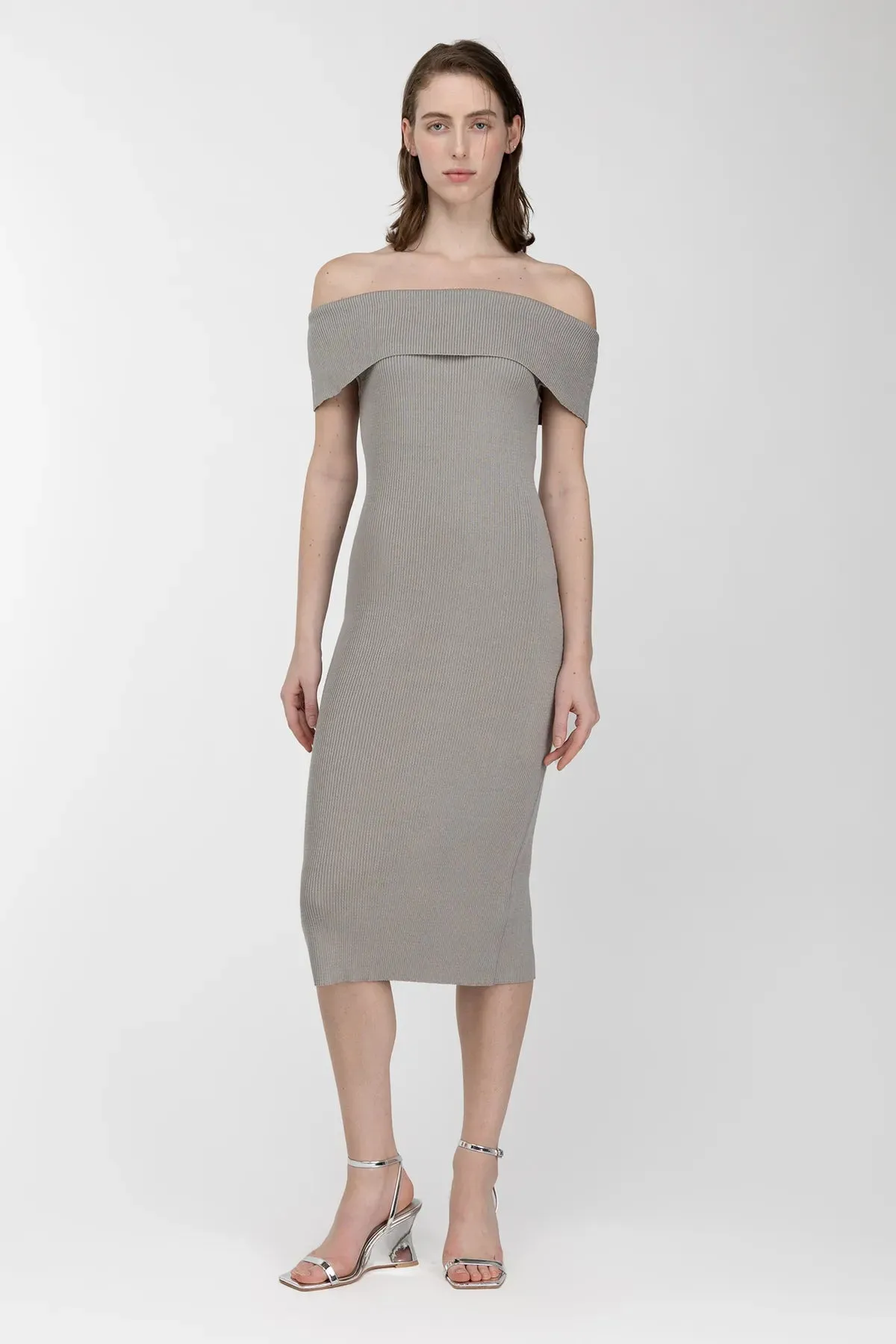 Ribbed Off Shoulder Midi Dress