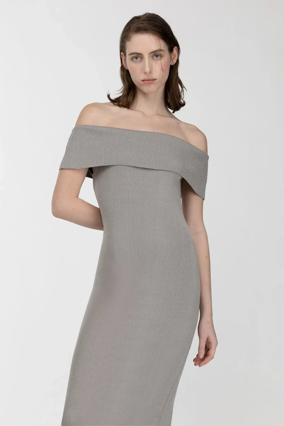 Ribbed Off Shoulder Midi Dress