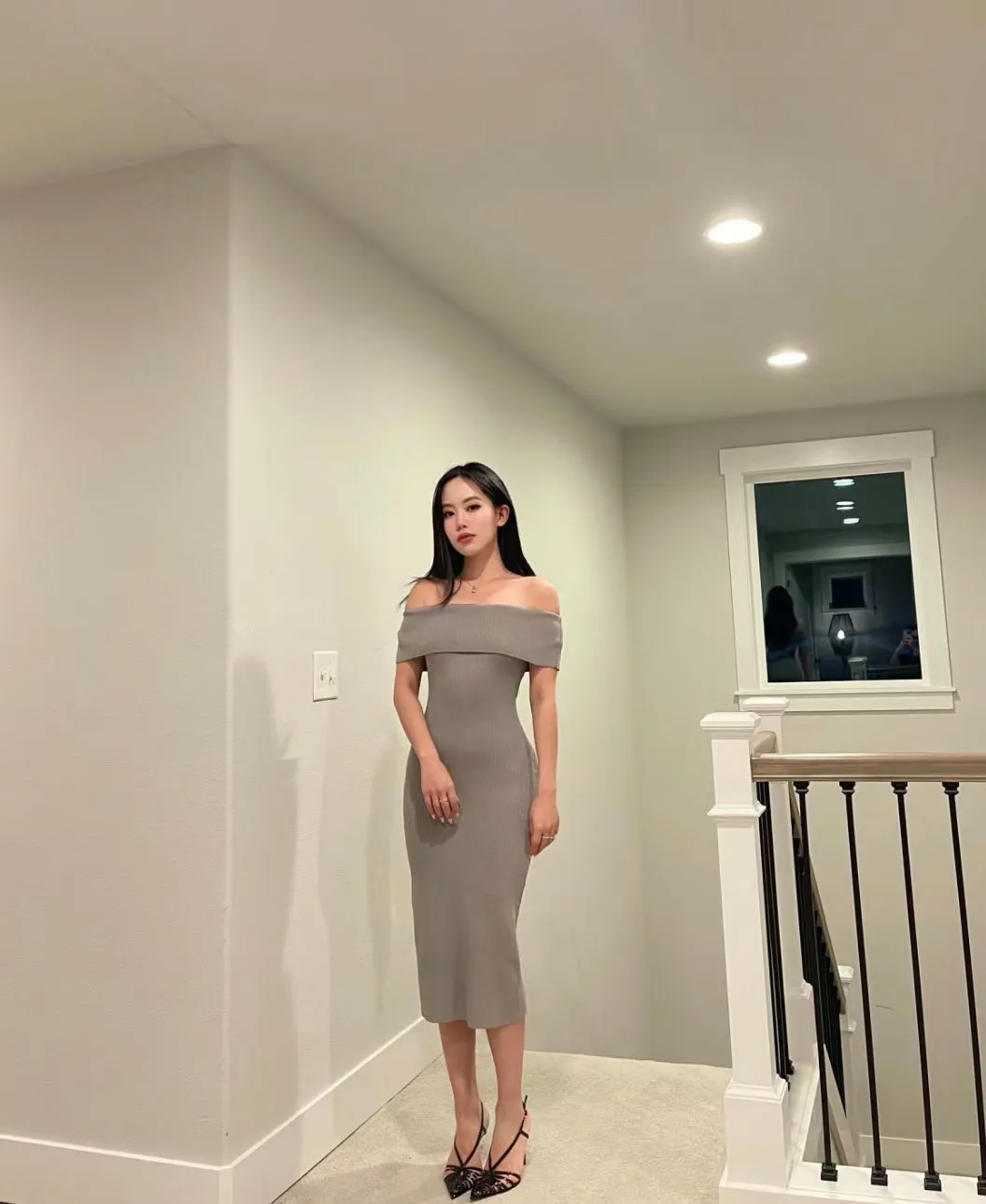Ribbed Off Shoulder Midi Dress