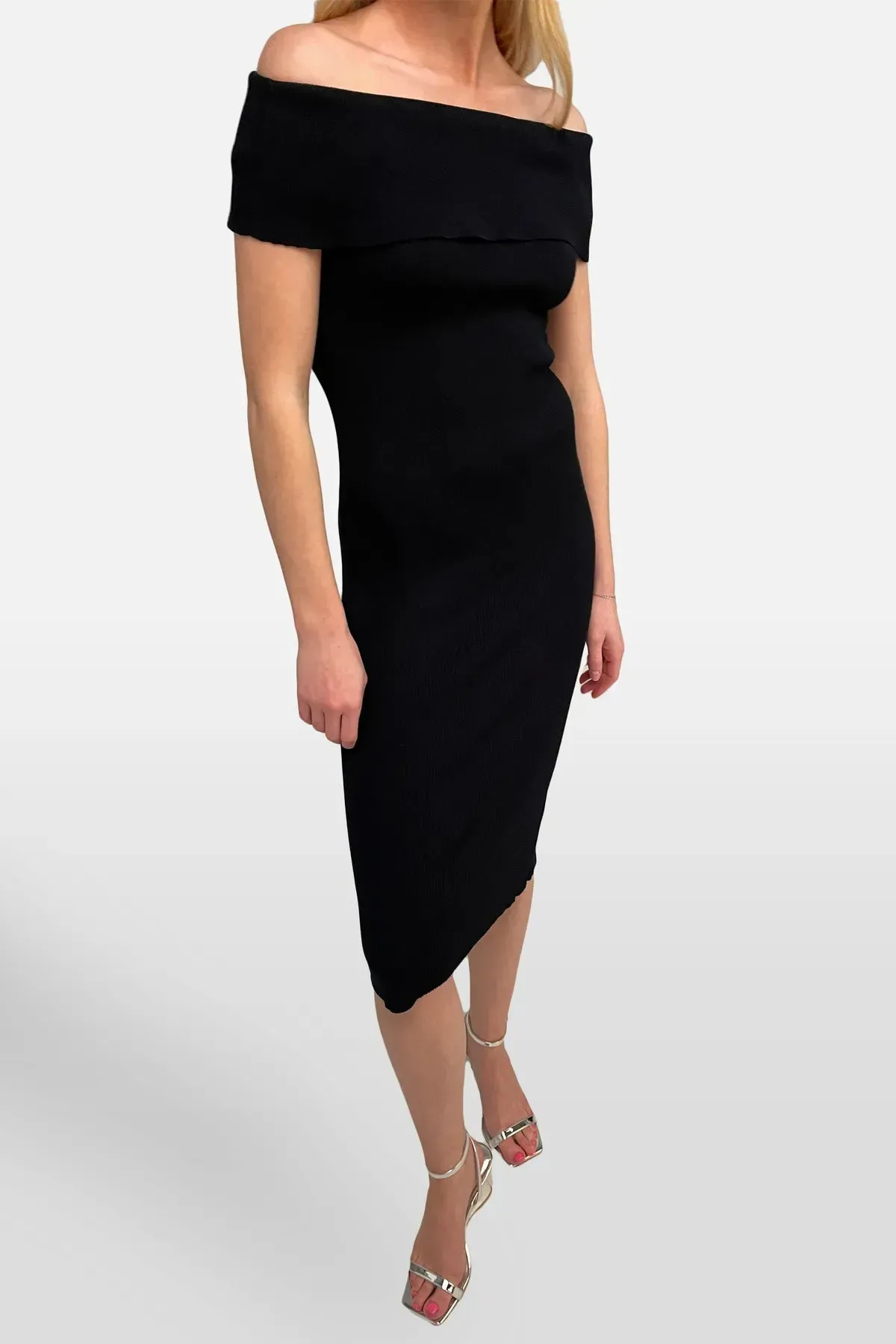 Ribbed Off Shoulder Midi Dress