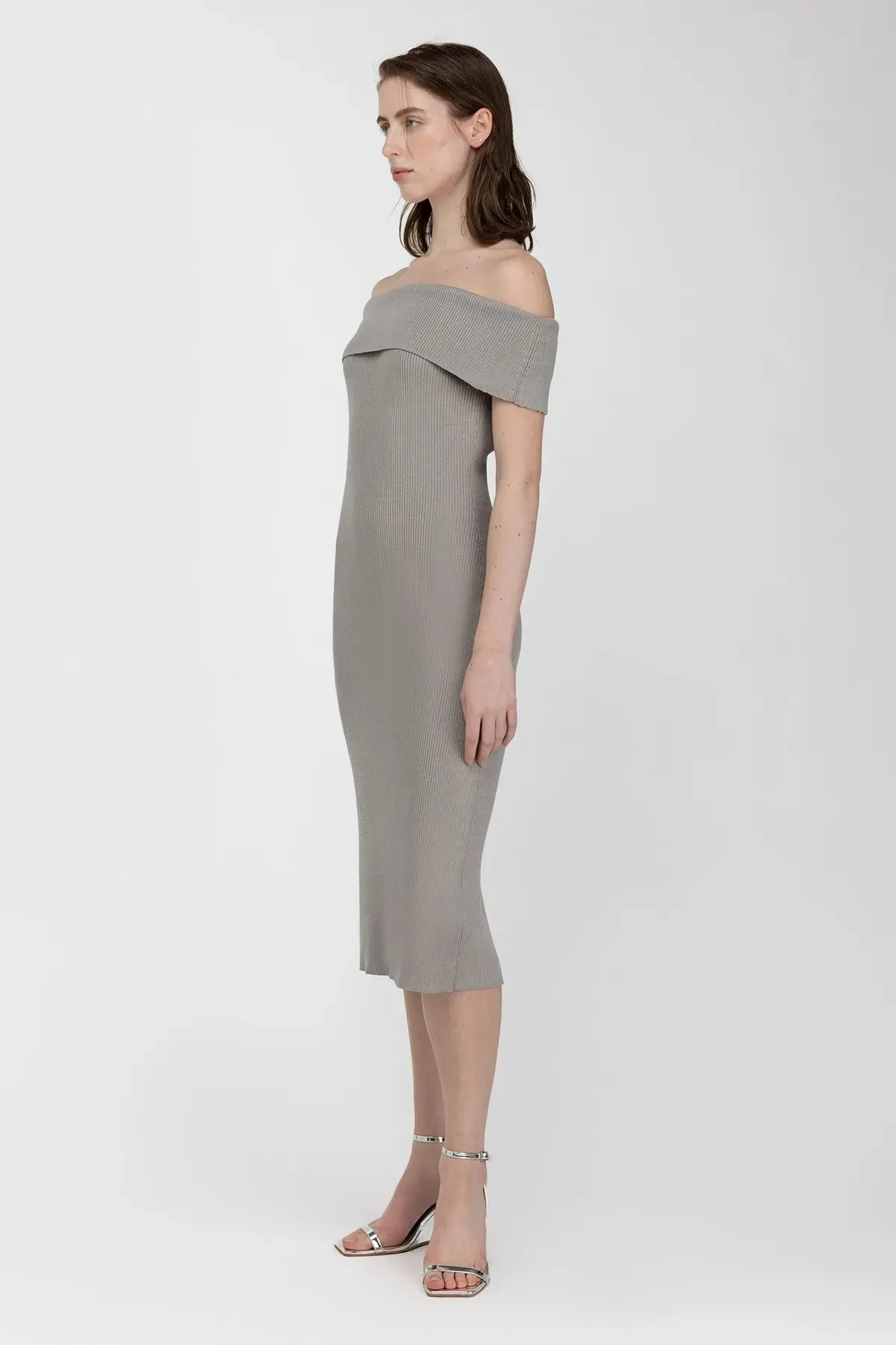 Ribbed Off Shoulder Midi Dress