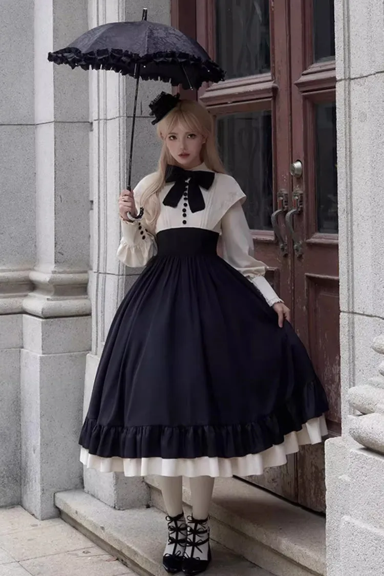 Rose Embroidery Long Sleeves Ruffle Bowknot Fake Two Pieces Elegant Lolita Dress 2 Colors