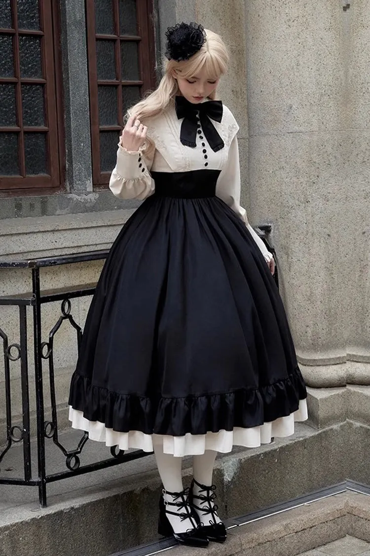 Rose Embroidery Long Sleeves Ruffle Bowknot Fake Two Pieces Elegant Lolita Dress 2 Colors