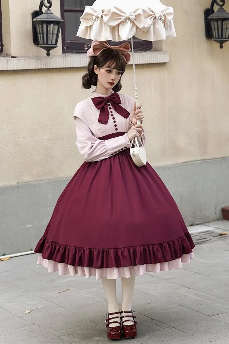 Rose Embroidery Long Sleeves Ruffle Bowknot Fake Two Pieces Elegant Lolita Dress 2 Colors