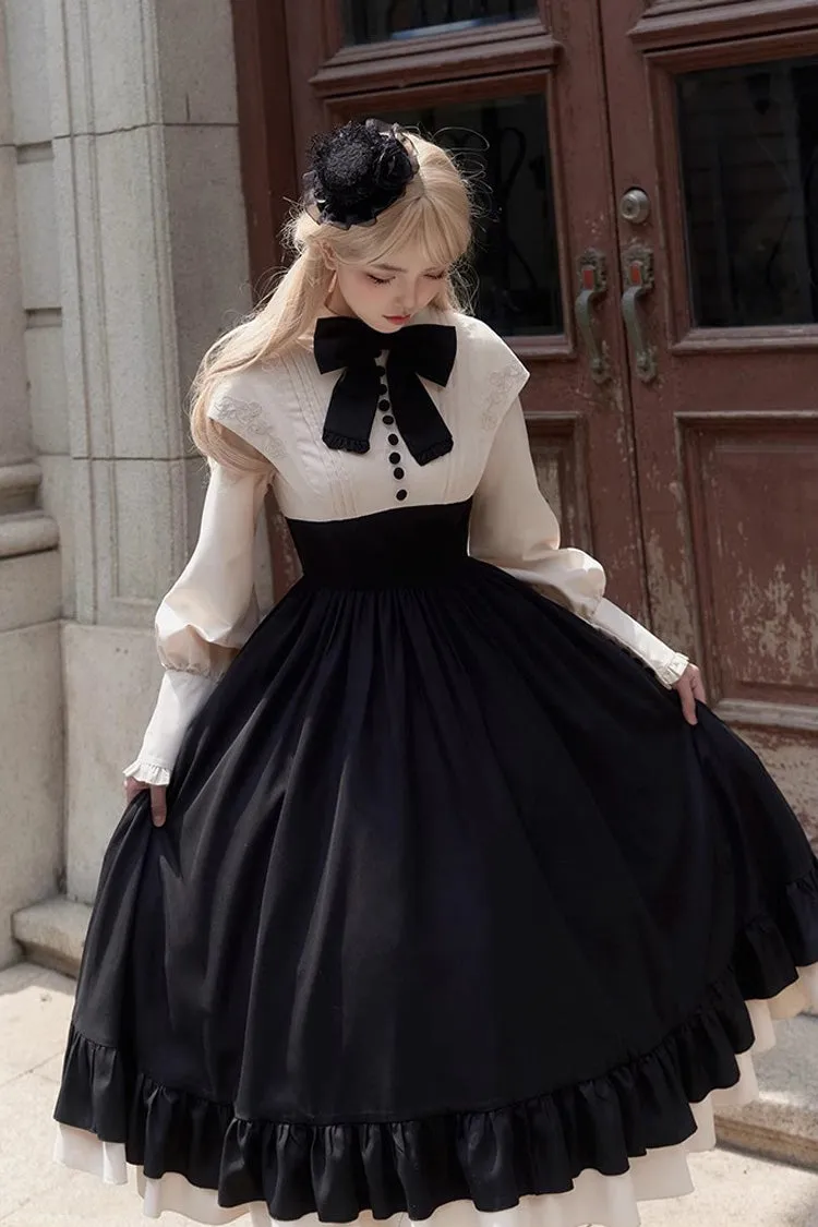 Rose Embroidery Long Sleeves Ruffle Bowknot Fake Two Pieces Elegant Lolita Dress 2 Colors