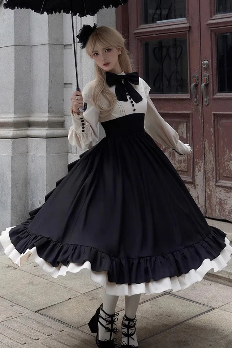 Rose Embroidery Long Sleeves Ruffle Bowknot Fake Two Pieces Elegant Lolita Dress 2 Colors