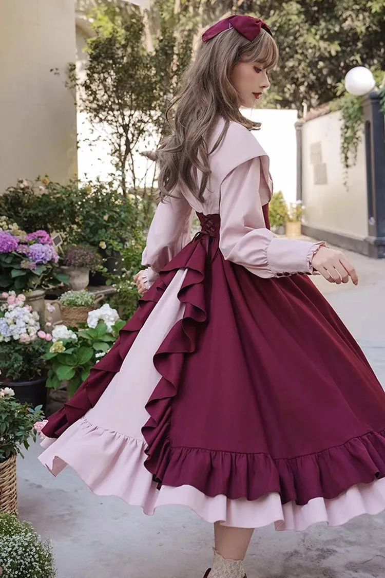 Rose Embroidery Long Sleeves Ruffle Bowknot Fake Two Pieces Elegant Lolita Dress 2 Colors