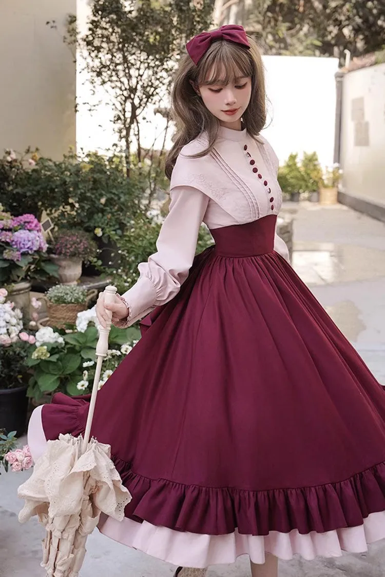 Rose Embroidery Long Sleeves Ruffle Bowknot Fake Two Pieces Elegant Lolita Dress 2 Colors