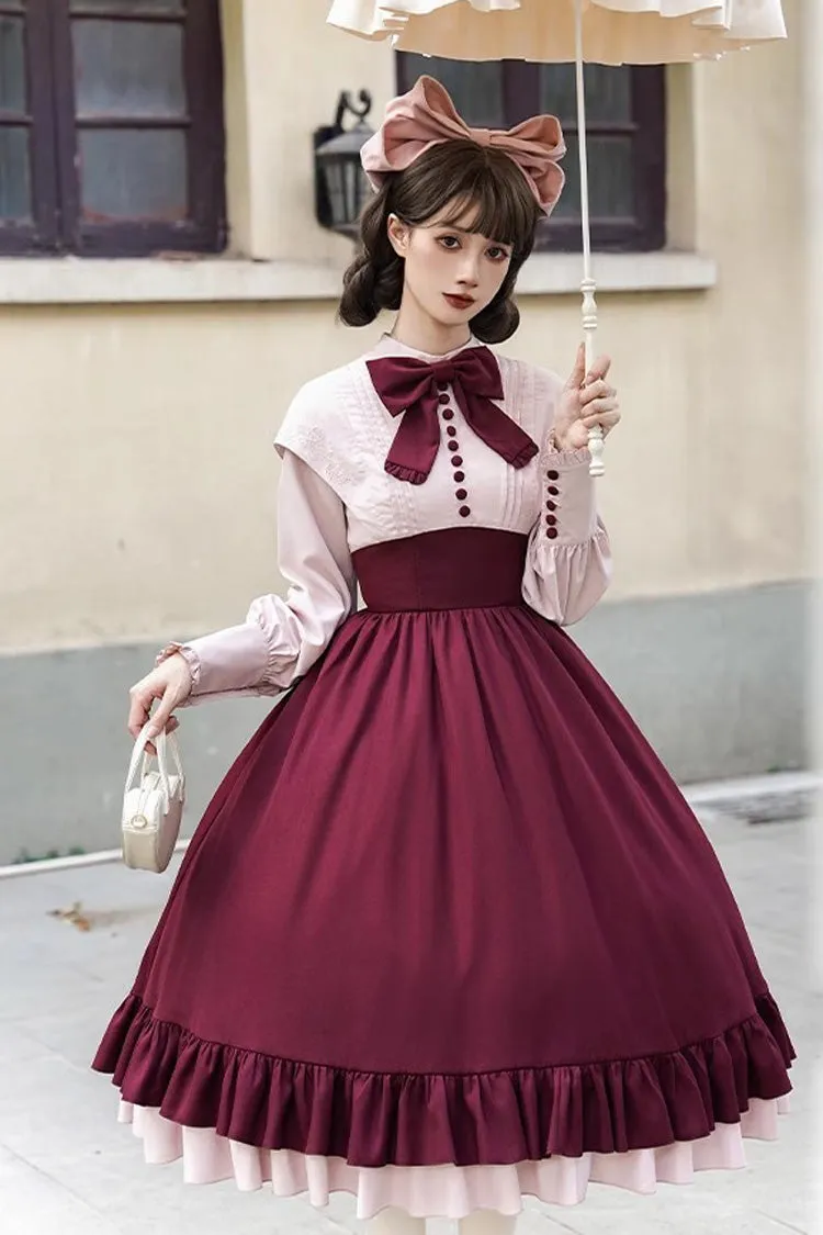Rose Embroidery Long Sleeves Ruffle Bowknot Fake Two Pieces Elegant Lolita Dress 2 Colors