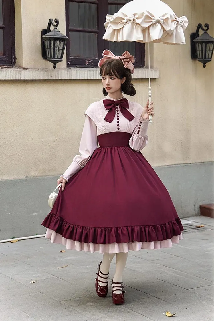Rose Embroidery Long Sleeves Ruffle Bowknot Fake Two Pieces Elegant Lolita Dress 2 Colors