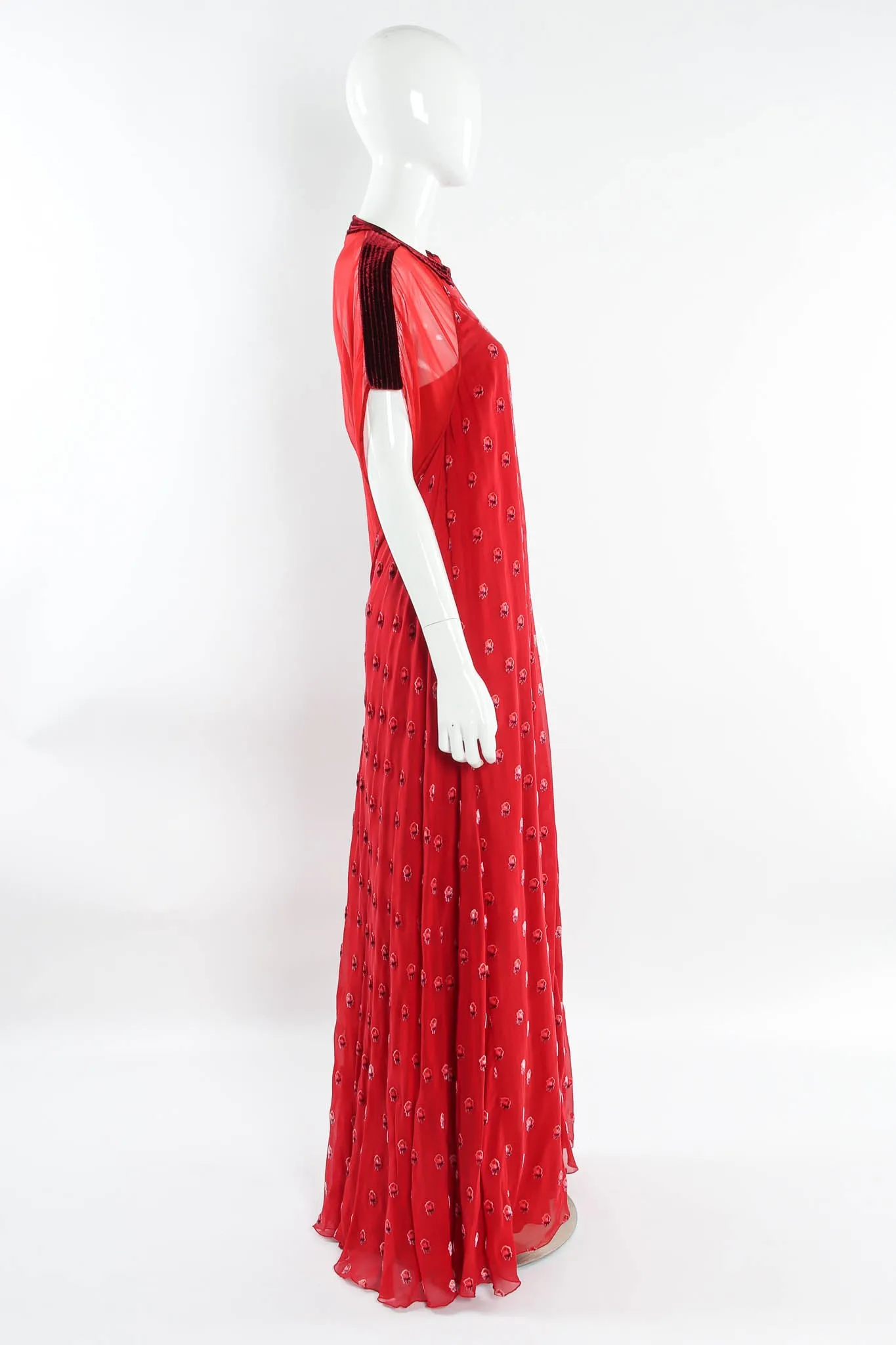 Rose Flocked Velvet Silk Panel Dress