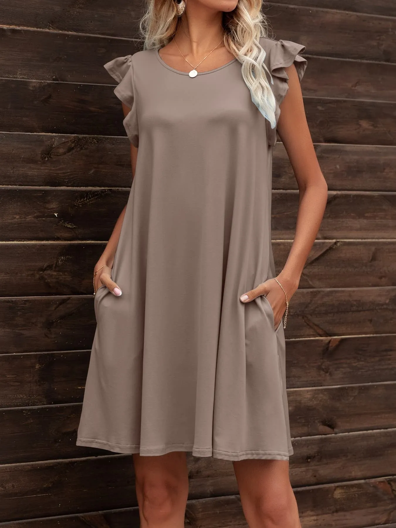 Round Neck Flutter Sleeve Dress with Pockets (6 Colors)