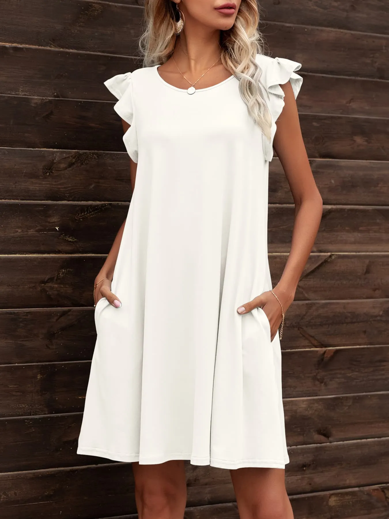 Round Neck Flutter Sleeve Dress with Pockets (6 Colors)