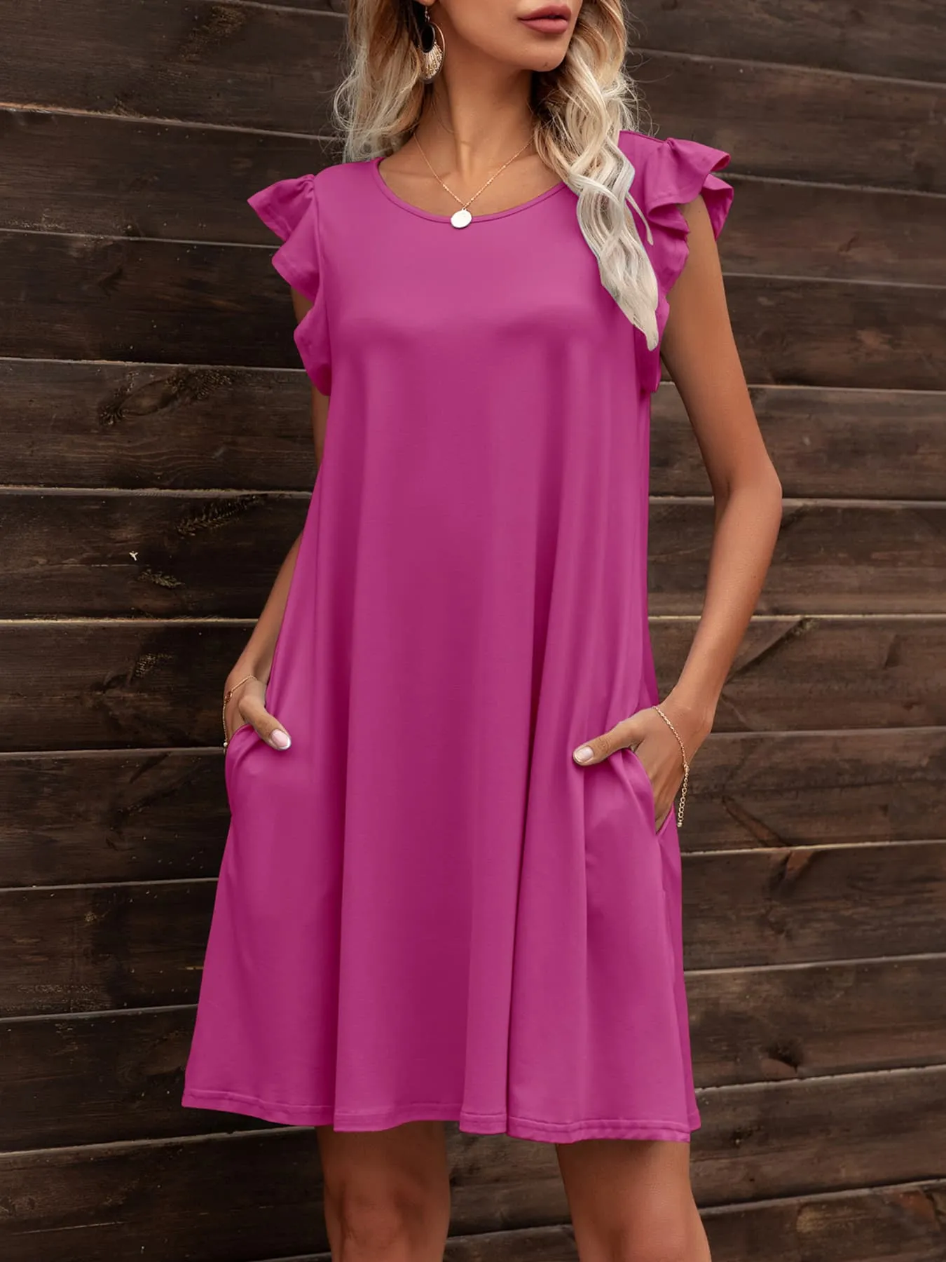 Round Neck Flutter Sleeve Dress with Pockets (6 Colors)