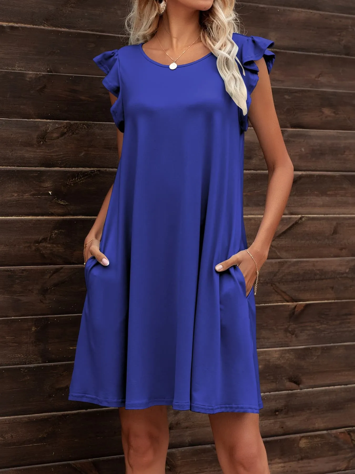 Round Neck Flutter Sleeve Dress with Pockets (6 Colors)