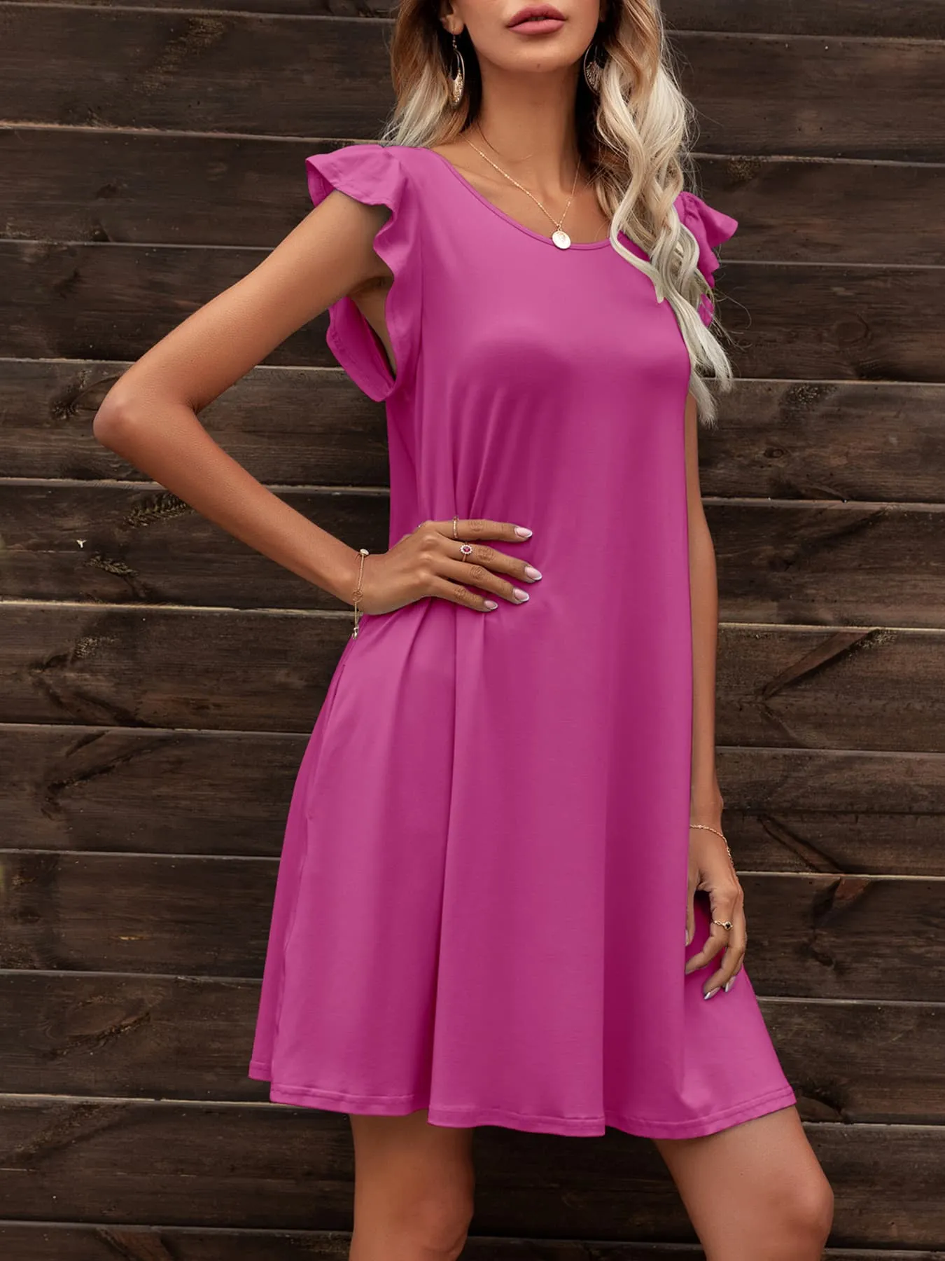 Round Neck Flutter Sleeve Dress with Pockets (6 Colors)