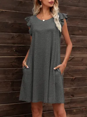 Round Neck Flutter Sleeve Dress with Pockets (6 Colors)