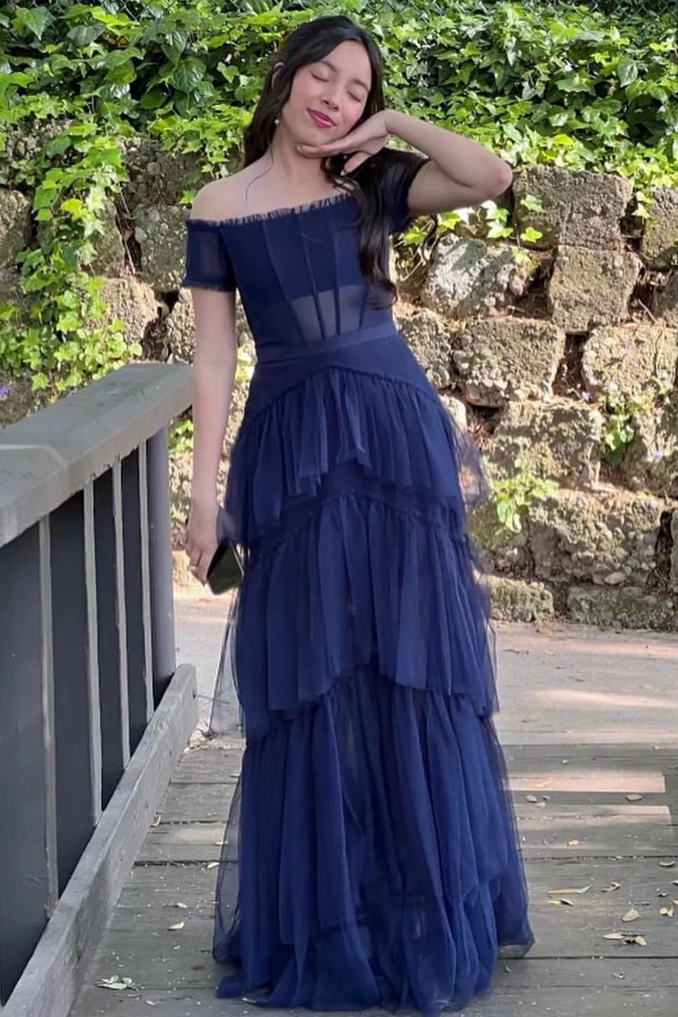 Roycebridal Wilma | Off the Shoulder Black Tiered Tulle Lond Prom Dress