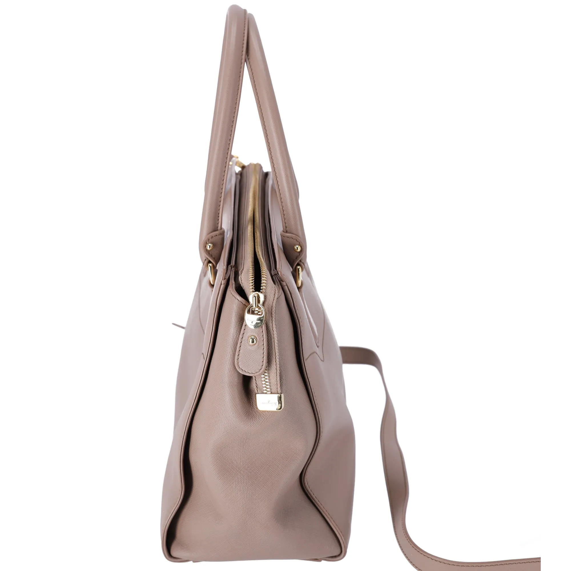 Salvatore Ferragamo Beky Triple Compartment Tote Taupe Saffiano Leather