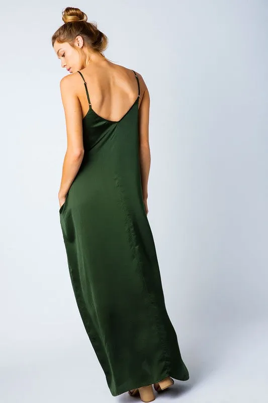 SATIN GRACE SOLID MAXI DRESS OLIVE