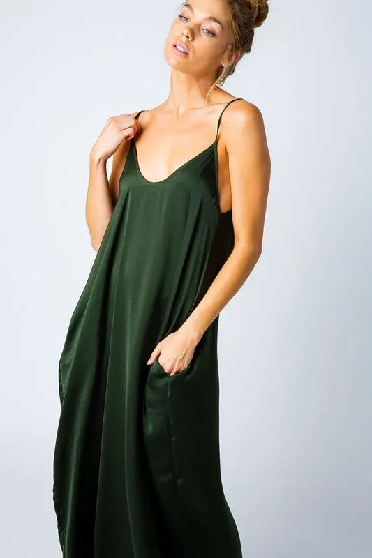 SATIN GRACE SOLID MAXI DRESS OLIVE