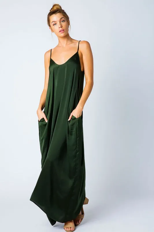 SATIN GRACE SOLID MAXI DRESS OLIVE