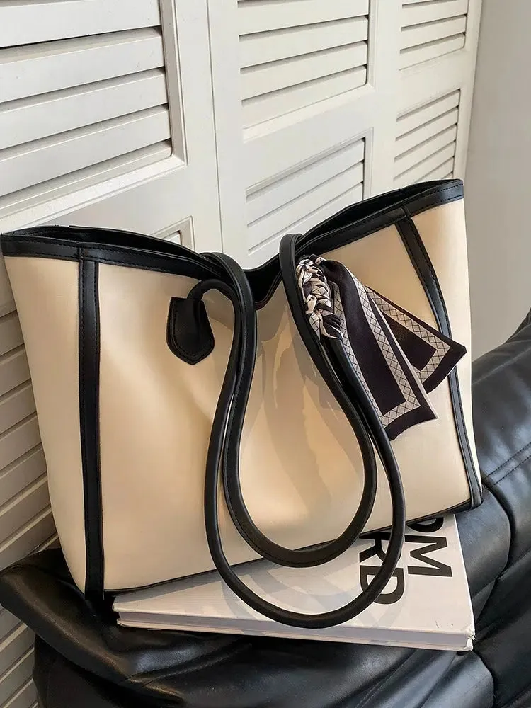 Scarf Accent Large Leather Trim Tote Bag