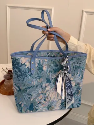 Scarf Decor Floral Pattern Shoulder Tote Bag - Blue