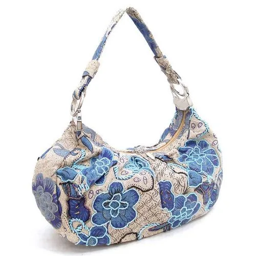 seed beads canvas denim bag Purse Designer Blue embroidered flora