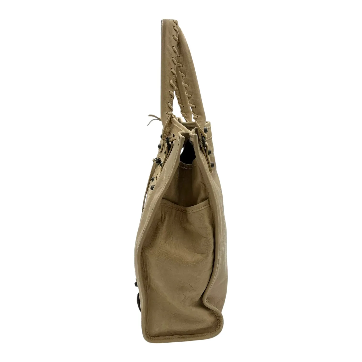Shopper Beige Tote Bag in Distressed Leather, Gunmetal hardware
