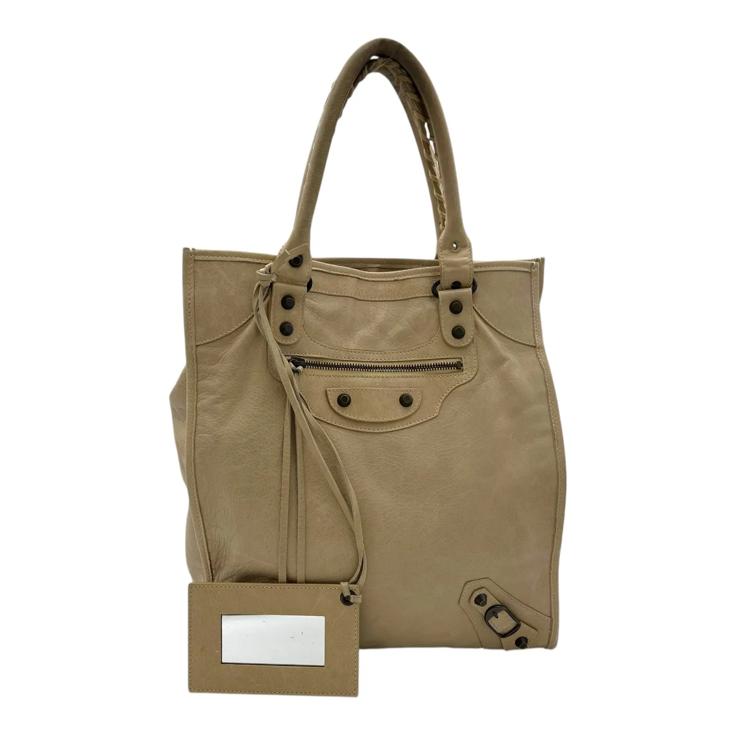 Shopper Beige Tote Bag in Distressed Leather, Gunmetal hardware