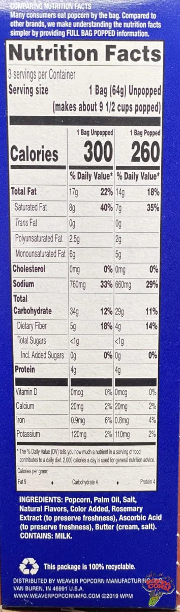 ***Sold out***Pop Weaver Extra Butter Microwave Popcorn Case of 36 (12 x 3 Bags)