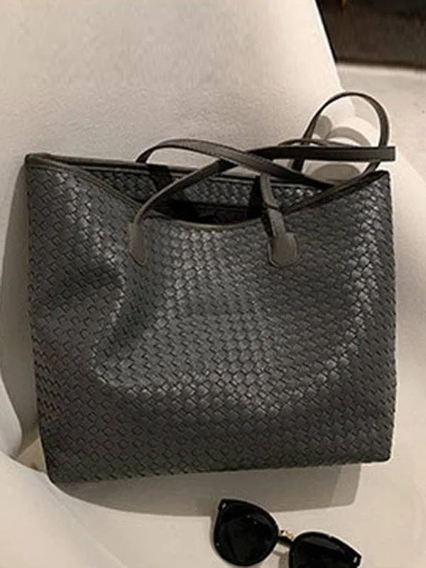 Solid Color Split-Joint Woven Bags Handbags Shoulder Bags Tote Bags: BLACK / One_size