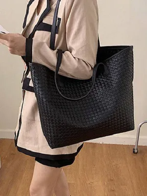 Solid Color Split-Joint Woven Bags Handbags Shoulder Bags Tote Bags: BLACK / One_size